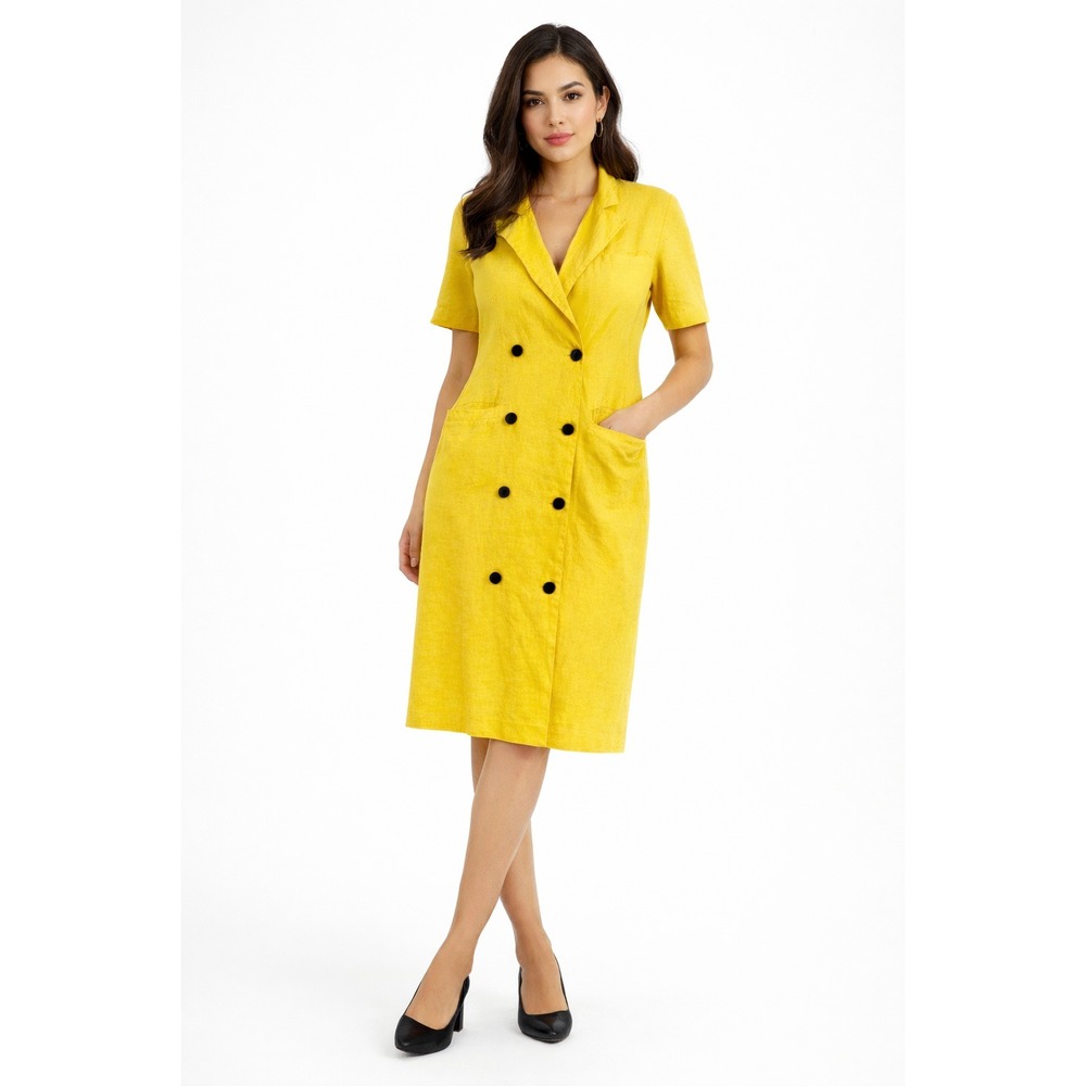 Georges Rech Linen Midi Dress Sz 38 (US‎ 6) Yellow Short Sleeve Button Front